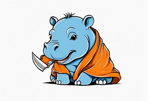 Baby hippopotamus wrapped in a swaddle and has a knife sideways in its mouth tattoo idea