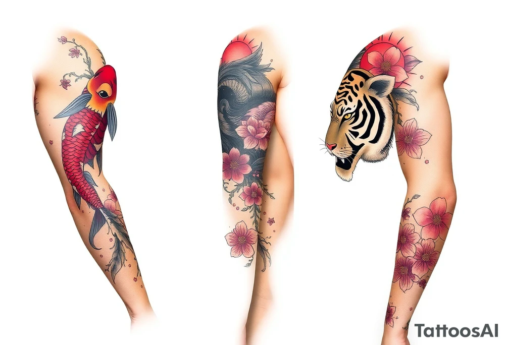 Full arm sleeve, one koi fish, one tiger, the sun, cherry blossom filler, beautiful tattoo idea