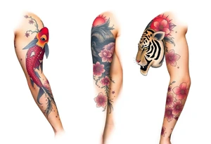 Full arm sleeve, one koi fish, one tiger, the sun, cherry blossom filler, beautiful tattoo idea