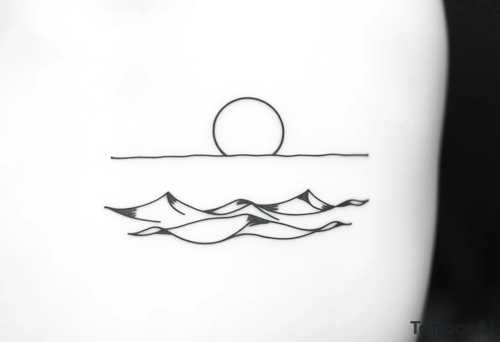 Black and white tattoo design, marine theme. Calm sea waves with a clear horizon line. Above the horizon, a large sun or moon glowing softly, with subtle Norse runes (Algiz, Raido) blended into the light. Minimalistic, elegant, not aggressive, not too masculine or feminine. Line art style, suitable for forearm tattoo. tattoo idea
