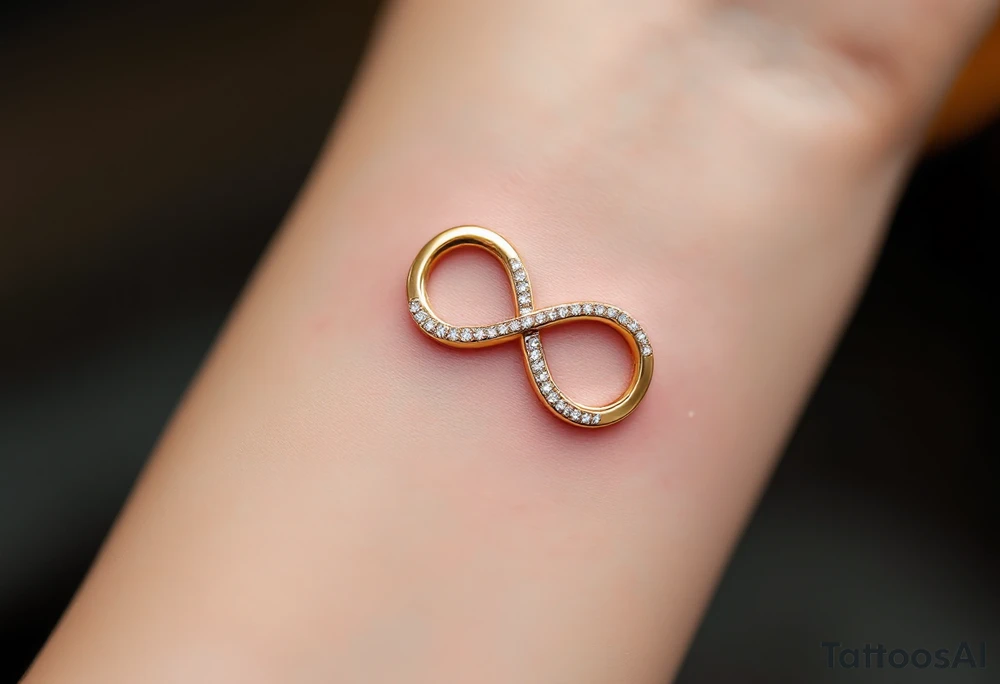 An infinity symbol made of two interlocking wedding bands, shaded in gold and platinum, with tiny diamond sparkles. tattoo idea