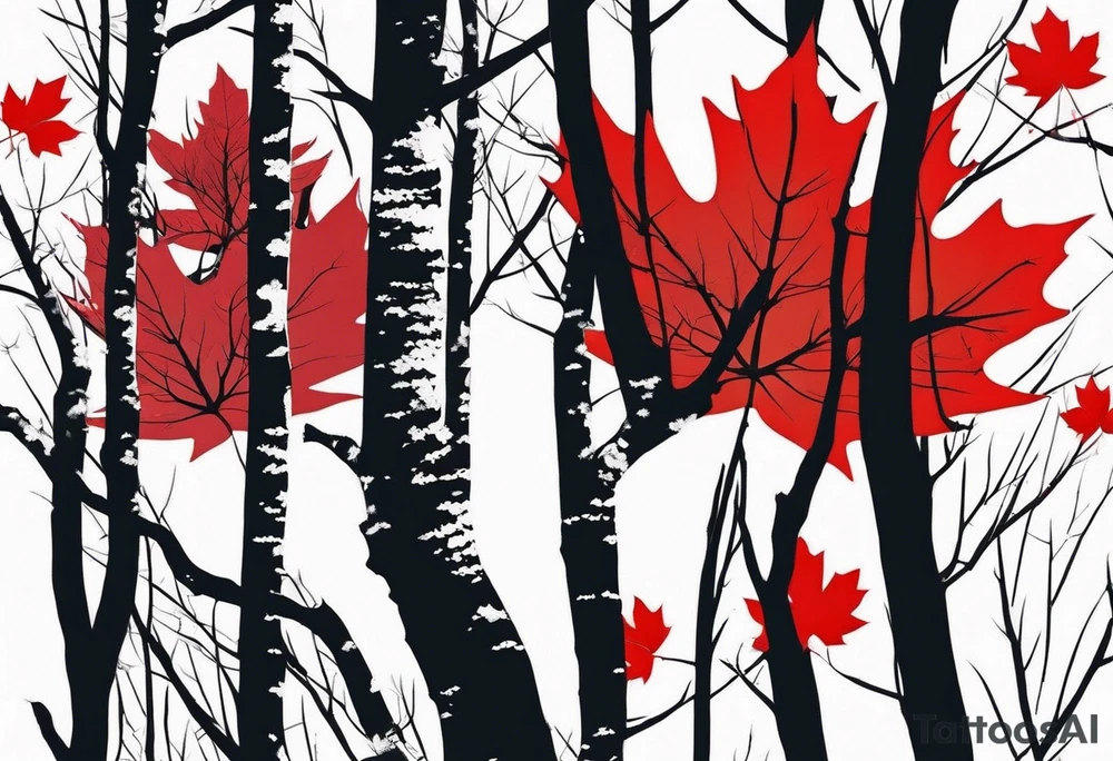 trash polka style. Arm tattoo. chest tattoo. Long tattoo. large tattoo. Full sleeve. Shoulder. A single large maple tree with red autumn leaves that branches upwards from wrist to shoulder. White-throated dipper bird on the trees branches. Calluna flowers at the base of the trees stem. Tree stem has dark colors. Red/yellow sunset behind the trees stem. Leaves falling. tattoo idea