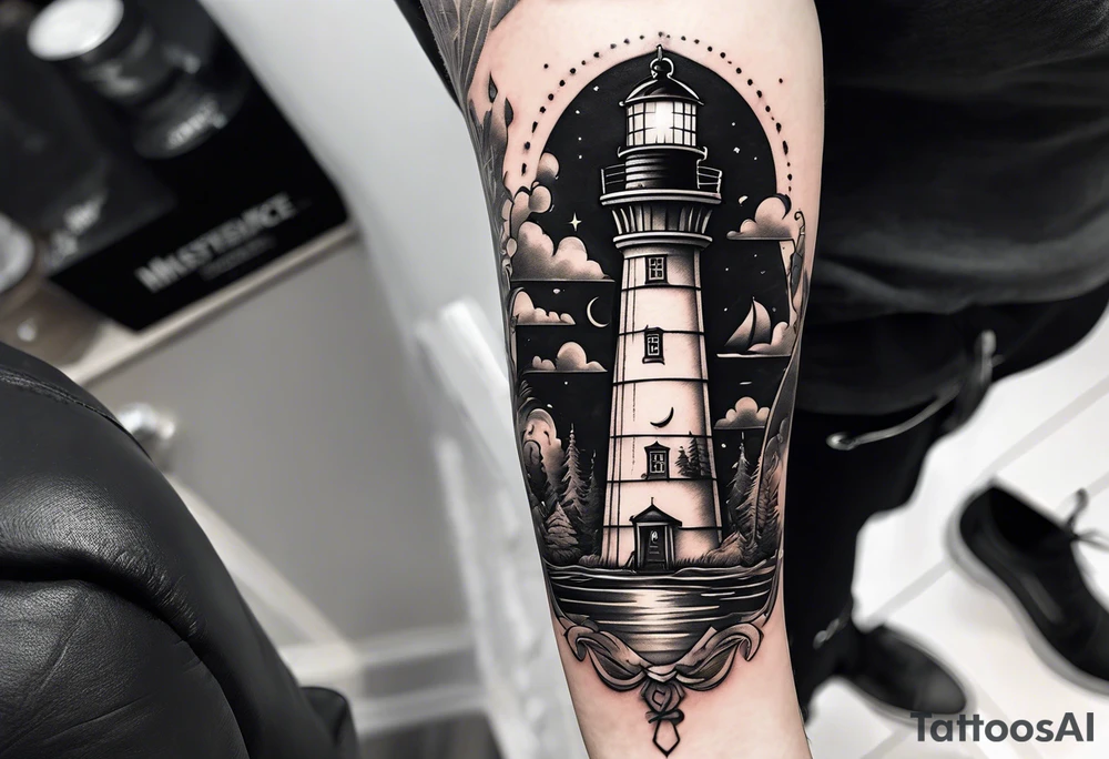 lighthouse shining light and a compass to wrap around forearm tattoo idea lighthouse shining light and a compass to wrap around forearm tattoo idea