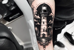 lighthouse shining light and a compass to wrap around forearm tattoo idea