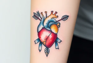anatomical heart pierced by ornate arrow with flowing ribbons tattoo idea