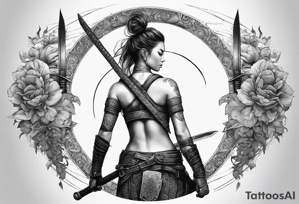 3 female warriors in body armor wielding dual swords, you can only see their backs, in front of a incomplete enso circle tattoo idea