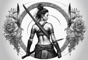 3 female warriors in body armor wielding dual swords, you can only see their backs, in front of a incomplete enso circle tattoo idea