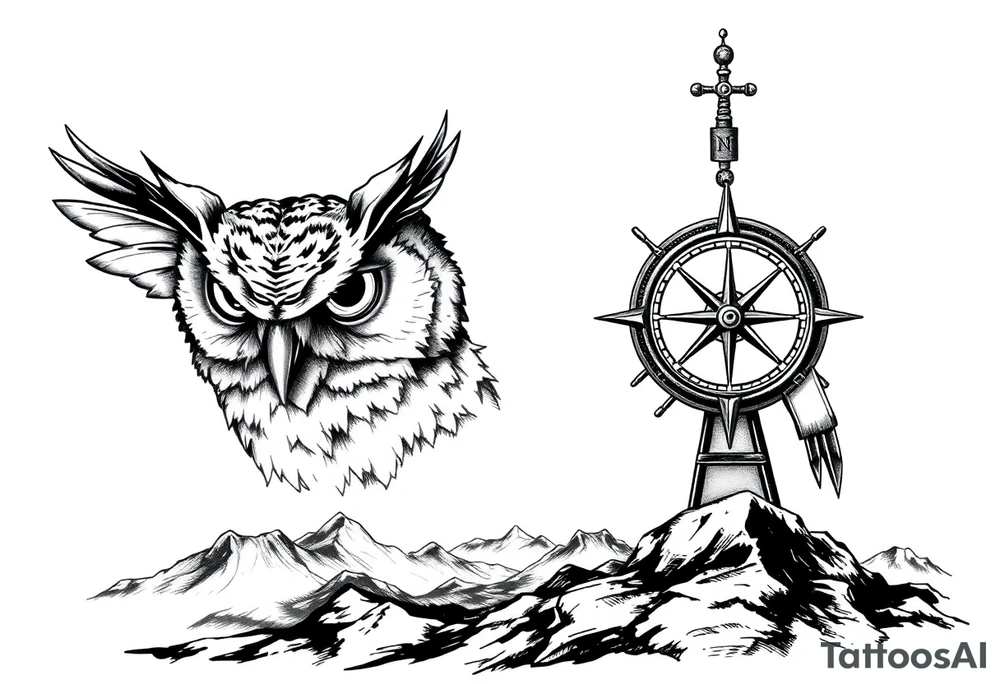 an owl,a compass,landscape. tattoo idea