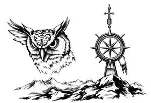 an owl,a compass,landscape. tattoo idea