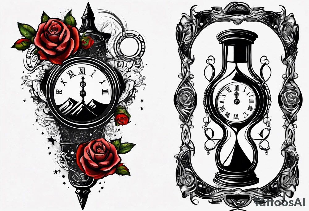 I want a design for printing on t-shirts, the design is an hourglass with a hand clock in the middle with Amazigh numbers, and these two main elements are mixed with thorny roses and planets tattoo idea