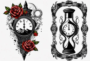 I want a design for printing on t-shirts, the design is an hourglass with a hand clock in the middle with Amazigh numbers, and these two main elements are mixed with thorny roses and planets tattoo idea