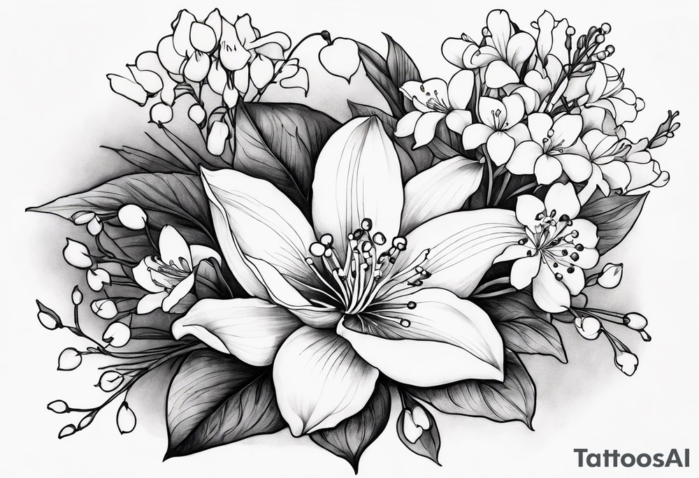 Larkspur, Lily of the valley, water, lily, Hawthorne, flower, carnation, snowdrop flower half sleeve tattoo idea