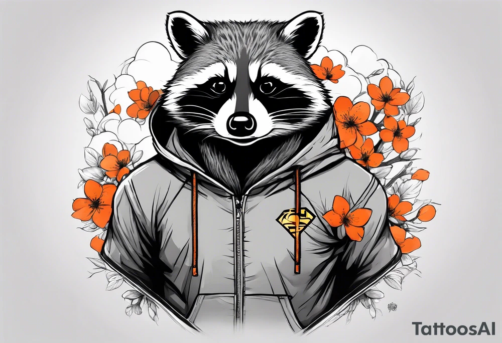 raccoon wearing a Superman hoodie with orange cherry blossoms tattoo idea