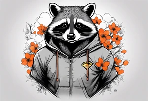 raccoon wearing a Superman hoodie with orange cherry blossoms tattoo idea