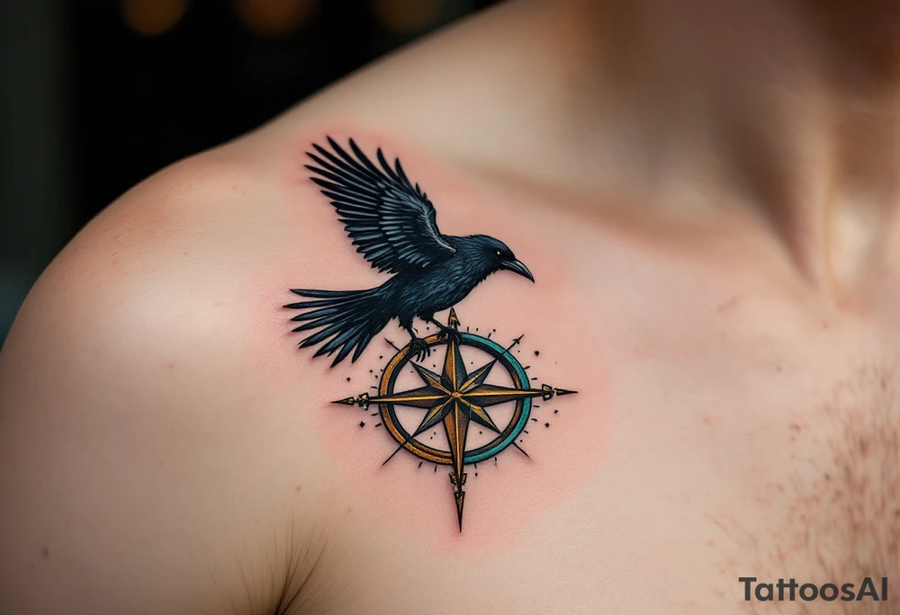 Crow and Compass – A crow flying across a broken compass, symbolizing lost direction. Black ink with distressed bronze and aged teal accents. tattoo idea