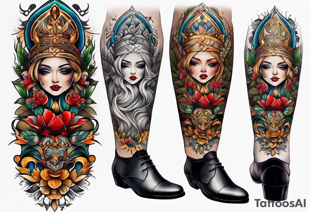 Full leg tattoo from hip to foot, straight design tattoo idea