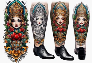 Full leg tattoo from hip to foot, straight design tattoo idea
