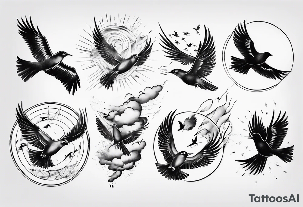 shoulder tattoo with light rays with birds flying free among the clouds, round shape tattoo idea