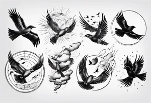 shoulder tattoo with light rays with birds flying free among the clouds, round shape tattoo idea