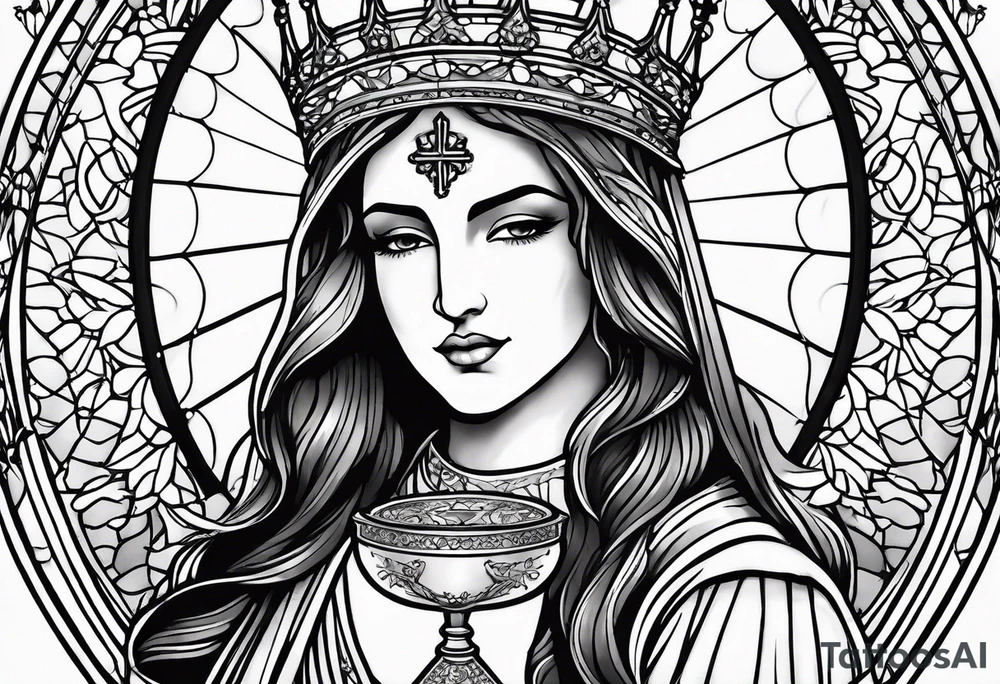 light streaming down from heaven onto saint barbara holding a chalice tattoo idea