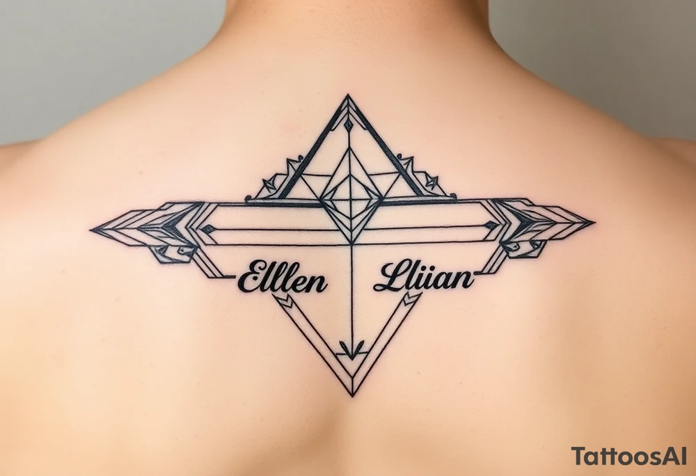 Geometric symetric with Ellen and Lilian names almost not noticable tattoo idea