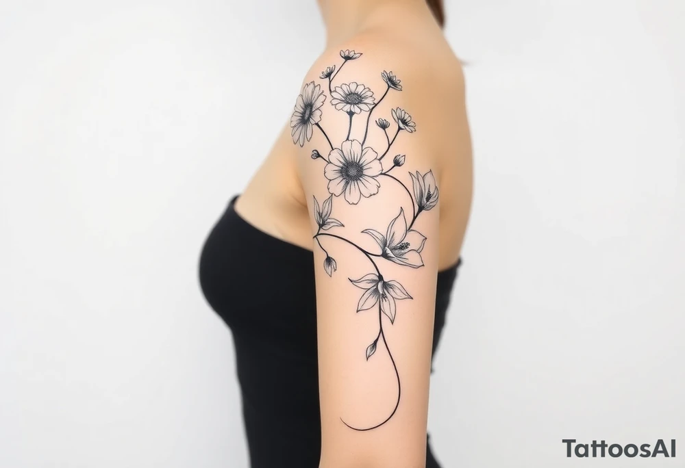 This tattoo is on a woman. It is a line of flowers connected by a single stem. It starts on her left pectoral with a Glaiolus and Daisy together, then the tatoo rises over the left shoulder and down the arm and ends at the elbow. The tattoo will include a primrose, Calla Lily, and a Lilly. It will be light on color except in the petals and has light shading to make it pop. tattoo idea