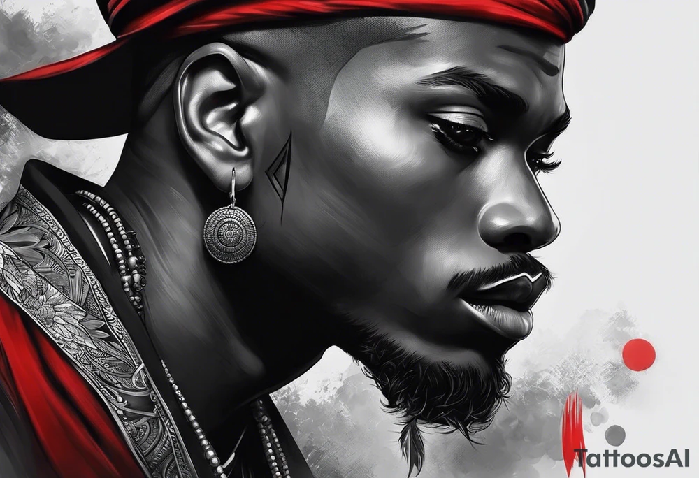 homem divindade africano realista em preto e cinza com os olhos vermelhos. Fundo da imagem com tons vermelhos.Segurando na mão um falo de madeira com cabaças penduradas. tattoo idea