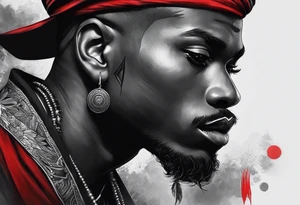 homem divindade africano realista em preto e cinza com os olhos vermelhos. Fundo da imagem com tons vermelhos.Segurando na mão um falo de madeira com cabaças penduradas. tattoo idea