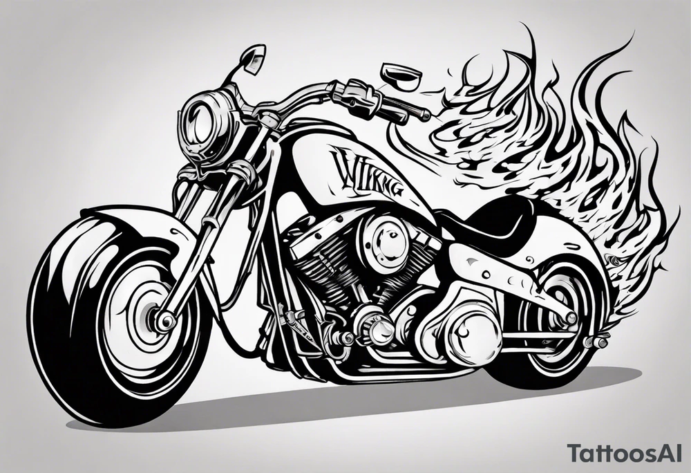 I want a detailed tattoo of a motorcycle surrounded by flames with the company name “Viking Customs” incorporated in the design tattoo idea