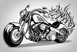 I want a detailed tattoo of a motorcycle surrounded by flames with the company name “Viking Customs” incorporated in the design tattoo idea