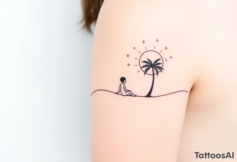 Create a minimalist tattoo design that wraps around the upper right arm, just below the armpit and above an existing blackwork sleeve.

Design Flow:

The tattoo is connected by a thin, continuous line that wraps around the arm.

On the outer/front arm, place a small, minimal walking figure on the line, moving forward. The line should have a gentle wave under his steps to create movement.

The line continues to the inner arm, where a boy is sitting on the line (with his back to the viewer, legs dangling below the line).

To the right of the boy, place a slightly leaning palm tree growing from the line.

Behind or beside the tree, include a minimal sun, low on the horizon (simple circle or half-sun).

In the space above, softly scatter minimalist stars, mostly dots, with 2–3 sparkles or tiny diamond shapes.

Style Notes:

Keep everything in fine line / minimalist style, no heavy shading

Design should feel light, dreamy, and reflective — symbolizing balance between stillness and motion

Line should echo the flow of the existing tribal/blackwork arm band below, but not mimic or clash with it

The boy should sit under the palm and with the back to the viewer tattoo idea