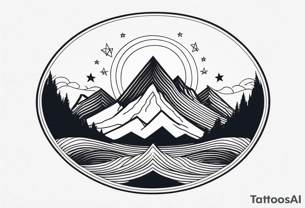Mountain Massif, one Peak, only peak surrounded woth semi circle dashed Line, in semi circle two littel fine Stars, waves overlapping in Side, Open geometrical Forms Like Diamond with Open lines tattoo idea