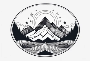 Mountain Massif, one Peak, only peak surrounded woth semi circle dashed Line, in semi circle two littel fine Stars, waves overlapping in Side, Open geometrical Forms Like Diamond with Open lines tattoo idea