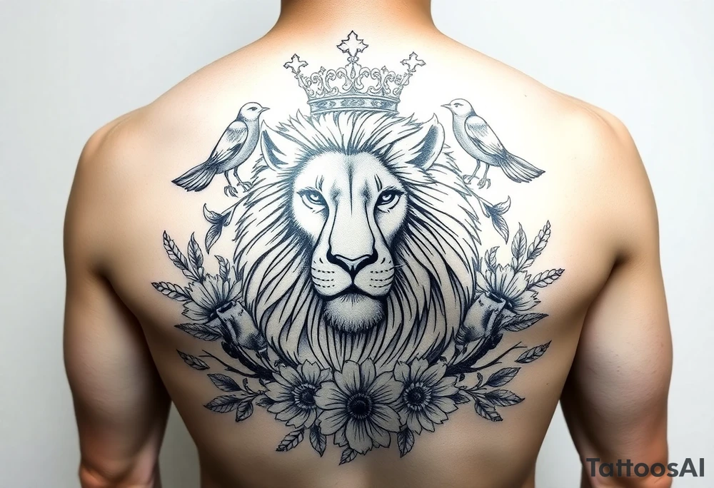powerful majestic lion with a crown, surrounded by floral ornaments and birds tattoo idea
