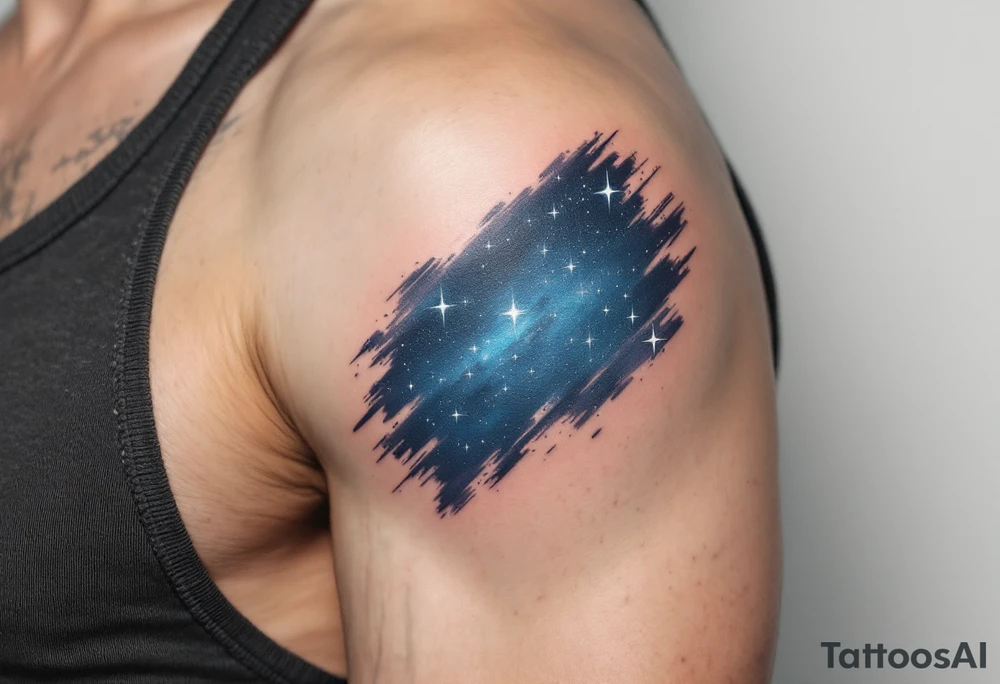 This tattoo combines quote “Through hardships to the stars” with silver star trails over a midnight blue sky on the upper arm. tattoo idea