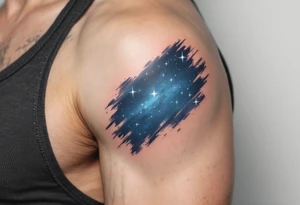 This tattoo combines quote “Through hardships to the stars” with silver star trails over a midnight blue sky on the upper arm. tattoo idea