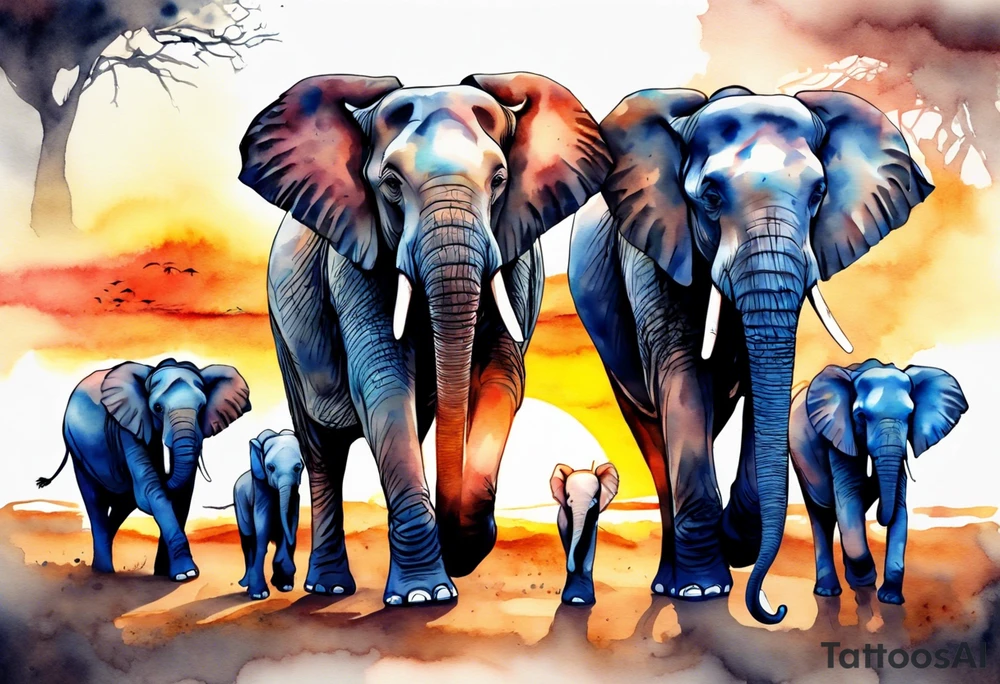family of 6 elephants walking into sunset after one of them has died tattoo idea