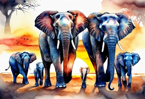 family of 6 elephants walking into sunset after one of them has died tattoo idea