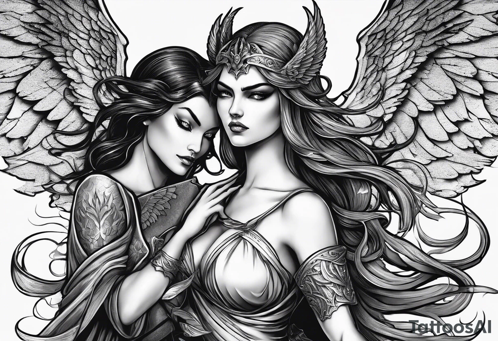 angel woman and devil woman fighting, arguing on the sky , big wings and full body, angel at the right side and have normal wing but devil woman at the left side and with bat wing tattoo idea