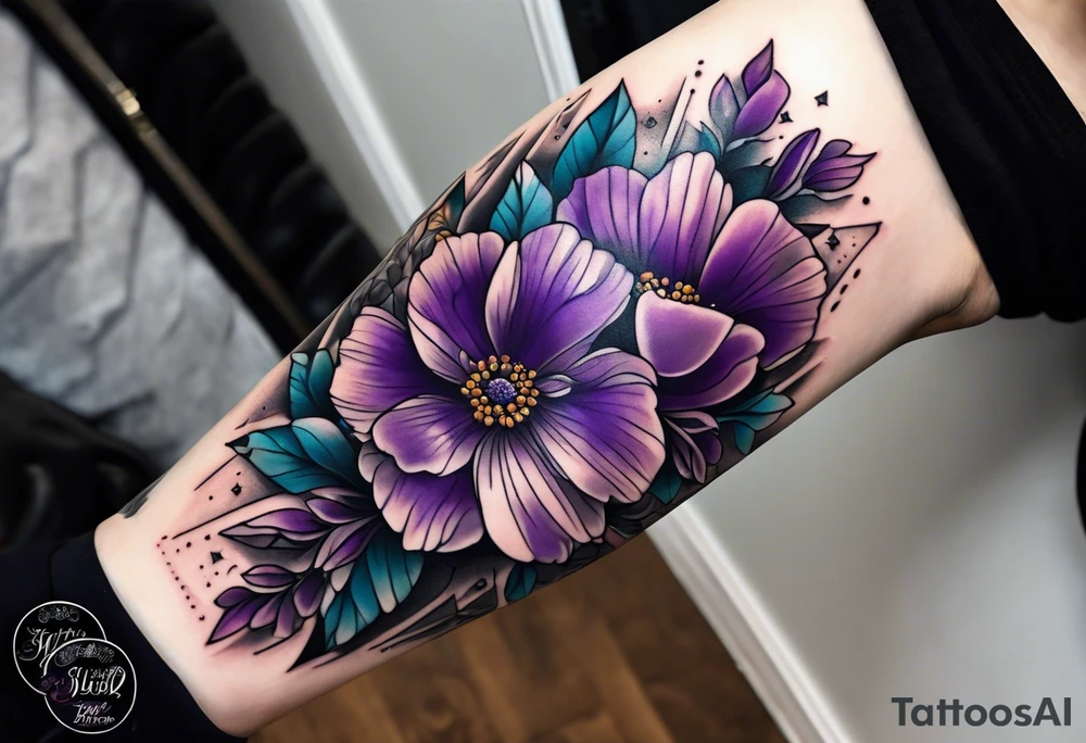 Forearm tattoo with purple flowers to always remember my grandma that passed away with heaven things added like clouds and stairs. tattoo idea