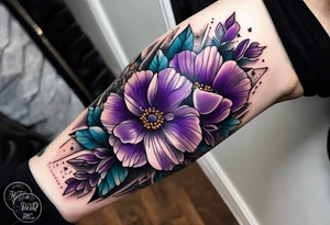 Forearm tattoo with purple flowers to always remember my grandma that passed away with heaven things added like clouds and stairs. tattoo idea