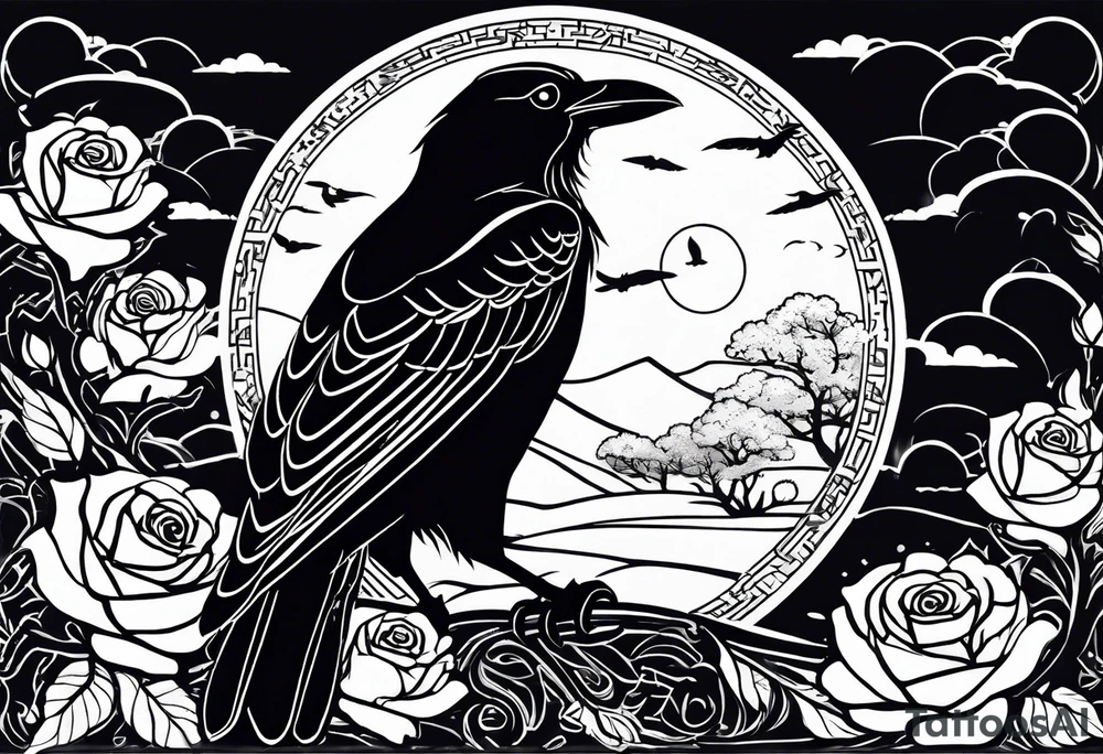 A stormy night with a tree of life, a rose garden, and a raven in the sky tattoo idea