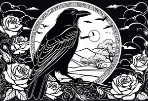 A stormy night with a tree of life, a rose garden, and a raven in the sky tattoo idea