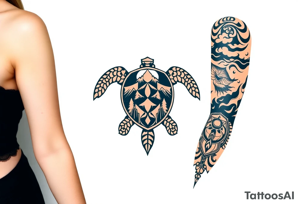 turtle sleeve with mountains, fire, water, air tattoo idea