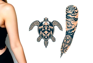 turtle sleeve with mountains, fire, water, air tattoo idea