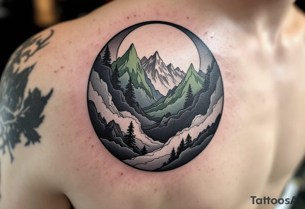 A circle filled with gradient mountain layers in tones of gray, navy, and moss green. tattoo idea