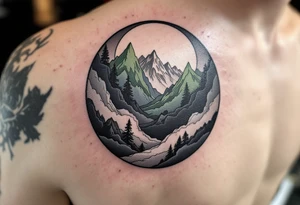 A circle filled with gradient mountain layers in tones of gray, navy, and moss green. tattoo idea