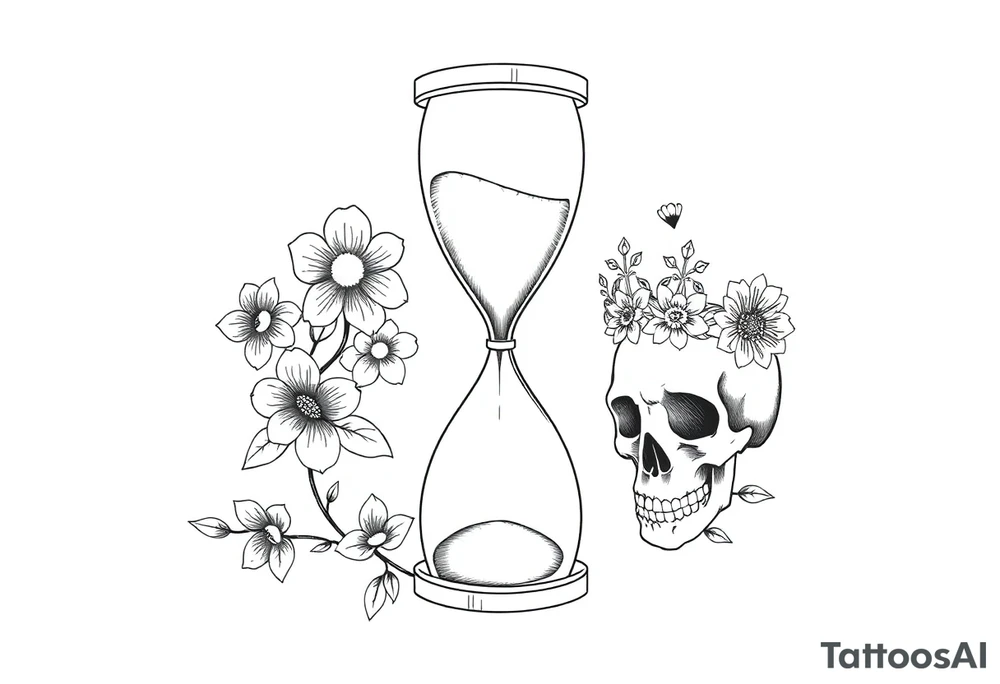 Hourglass with detailed beautiful gothic boho flowers on vine and skull with gorgeous crown tattoo idea