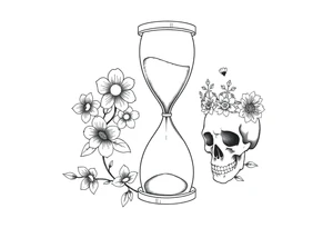 Hourglass with detailed beautiful gothic boho flowers on vine and skull with gorgeous crown tattoo idea