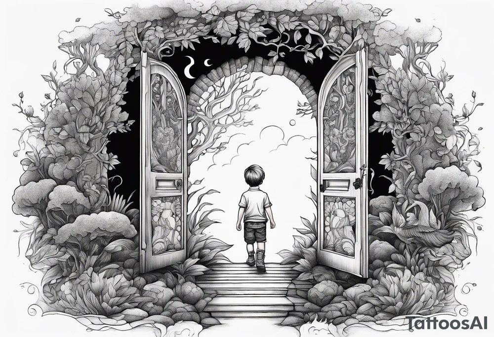 a small boy entering a doorway
 leading to a fantasy world filled with nature tattoo idea